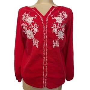Talbots Red Embroidered Floral Peasant Blouse Size L 100% Cotton Boho